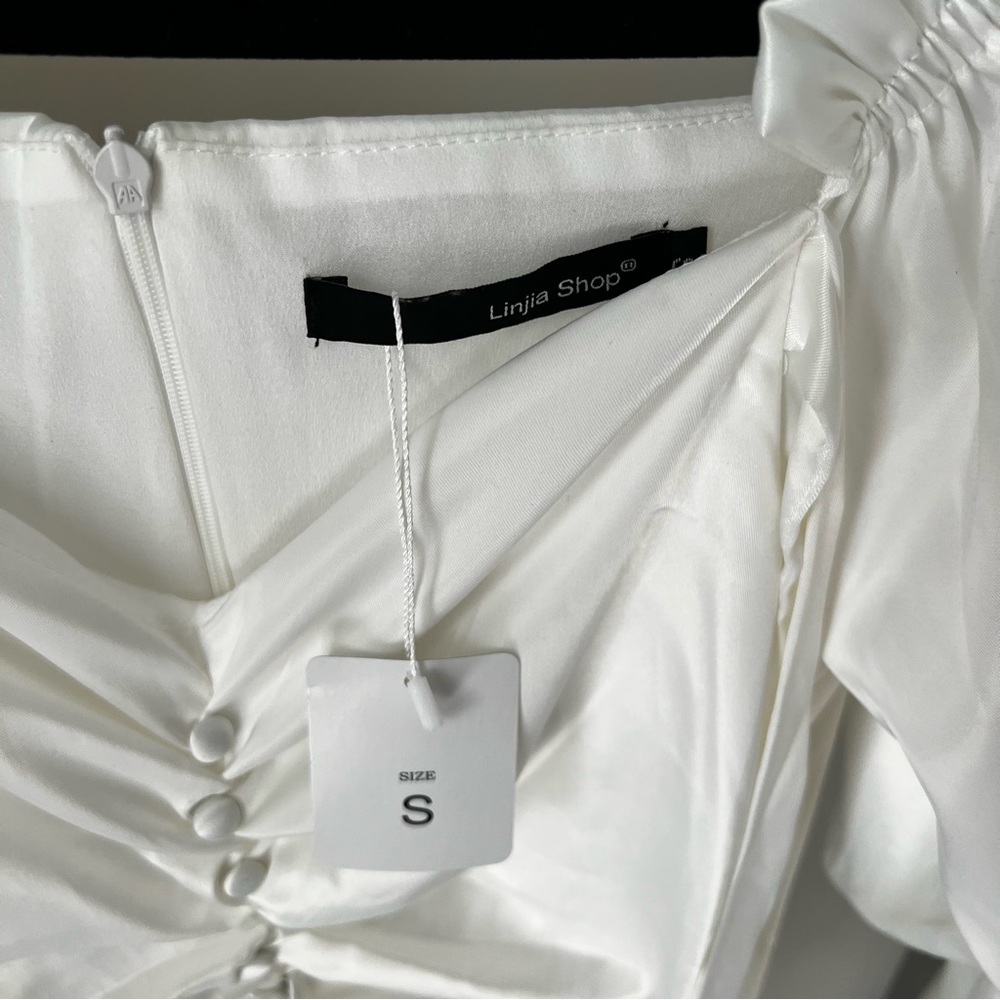White Ruched Button Ribbon Mini Dress - Picture 3 of 9